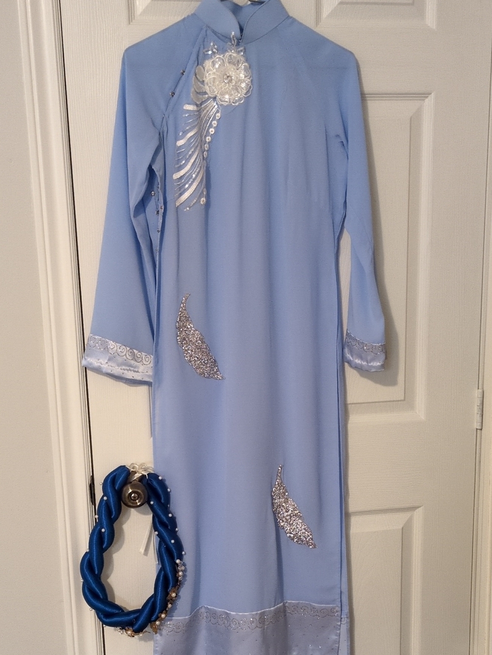Light Blue Embellished Ao Dai Dress with Silver Accents